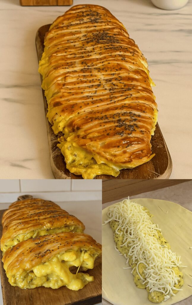 Treska z lístkového cesta s kuracím mäsom, cheddarom a kari